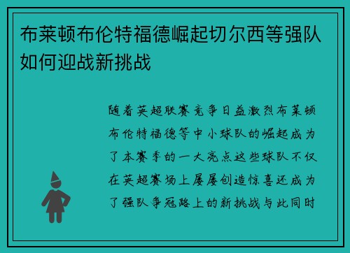 布莱顿布伦特福德崛起切尔西等强队如何迎战新挑战 布莱顿布伦特福德崛起切尔西等强队如何迎战新挑战